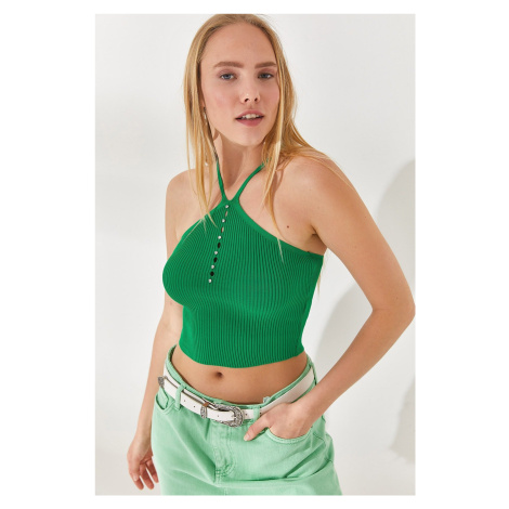 Olalook Women's Grass Green Criss-Cross Straps Stone Detailed Crop Knitwear Blouse