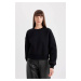 DEFACTO Black Boxy Fit Crew Neck Thick Basic Plain Sweatshirt