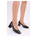 Shoeberry Women's Brazen Black Patent Leather Crocodile Daily Heel Shoes