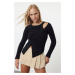 Trendyol Black Crop Furry Side Button Detailed Knitwear Sweater