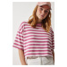 Happiness İstanbul Women's Pale Pink Crew Neck Striped Crop Knitted T-Shirt