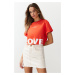 Trendyol Pomegranate Flower 100% Cotton Slogan Printed Relaxed Crop Knitted T-Shirt