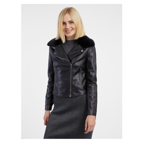Orsay Black Leatherette Jacket with Faux Fur - Women