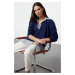 Trendyol Navy Blue Striped Poplin Detailed Polo Neck Relaxed/Casual Cut Knitted Blouse