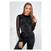 Knitted bodysuit blouse with tulle sleeves black