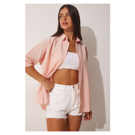 Happiness İstanbul Women's Light Pink Oversized Basic Poplin Shirt