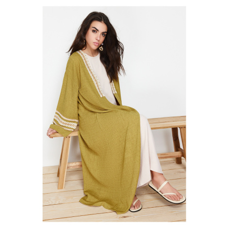 Trendyol Oil Green Brode Detail Long Woven Kimono & Kaftan & Abaya