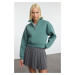 Trendyol Dark Green Relaxed Cut Crop Zippered Stand Collar Thick Inside Fleece Knitted Sweatshir