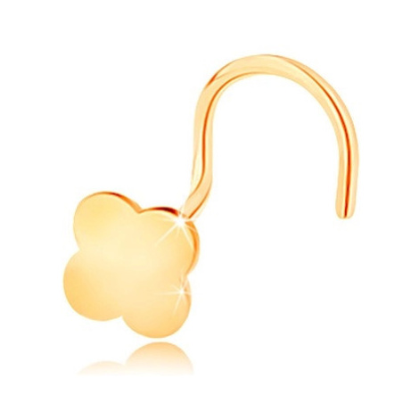 Zahnutý piercing do nosa v žltom 14K zlate - malý štvorlístok pre šťastie