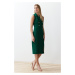 Trendyol Emerald Green Body-Fitting Button Detail Slit Midi Woven Dress