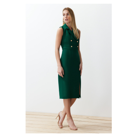 Trendyol Emerald Green Fitted Button Detailed Slit Midi Pencil Skirt Woven Dress