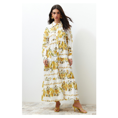 Trendyol Yellow Floral Woven Shirt Linen Look Dress