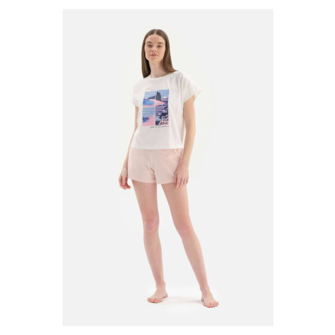 Dagi White Crew Neck Printed Cotton Shorts Pajamas Set
