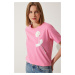 Happiness İstanbul Women's Pink Flower Detailed Cotton Oversize T-Shirt