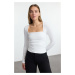 Trendyol Ecru Square Neck Gathering/Drape Detailed Slim/Fitting Knitted Blouse