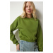 Happiness İstanbul Women's Peanut Green Raised Crop Sweatshirt