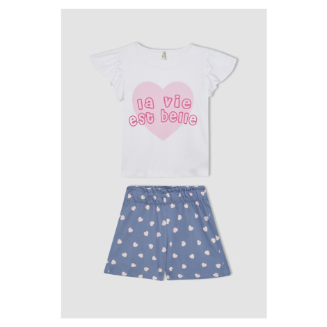 DEFACTO Girl's Printed Short Sleeve Pajama Set with Shorts