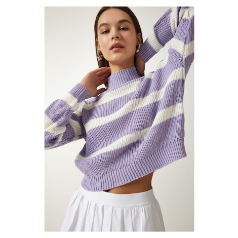 Happiness İstanbul Women's Lilac High Collar Striped Knitwear Sweater