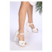 Shoeberry Women's Cadena White Lace Platform Heels.