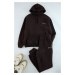 Trendyol Brown Oversize/Wide Cut Hooded Embroidered Inside Polar Fleece Sweatshirt Tracksuit