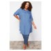 Trendyol Curve Blue Tunic Oversized Foldable Long Sleeve Plus Size Woven Shirt