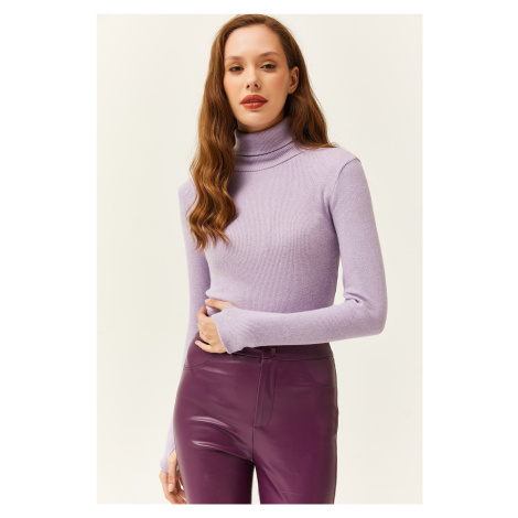 Olalook Women's Lilac Turtleneck Finger Detailed Lycra Blouse