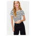 Trendyol Premium Black Ecru Striped Viscous/Soft Fabric Crop Crew Neck Stretchy Knitted Blouse