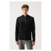 Avva Men's Black Wool Blended Parachute Fabric Detailed Zippered Regular Fit Cardigan Coat