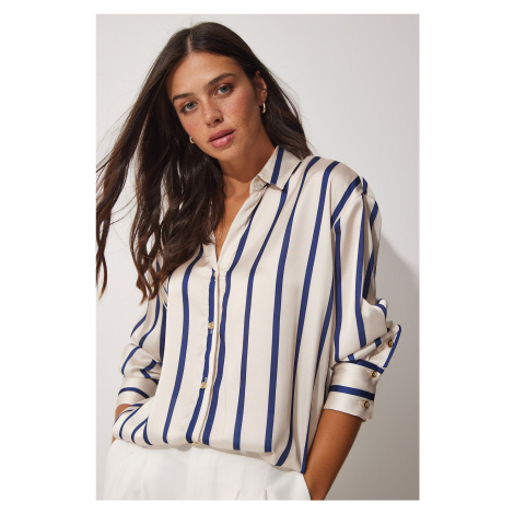 Happiness İstanbul Women's Cream Navy Blue Striped Flowy Satin Shirt