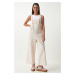 Happiness İstanbul Women's Cream Strappy Thin Gabardine Summer Gardener Overalls