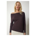 Happiness İstanbul Women's Dark Brown Boat Neck Knitwear Blouse