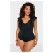 Trendyol Curve Black Deep V-Neck Flounce Throw Lined Swimsuit