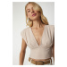 Happiness İstanbul Women's Beige Slightly Decollete Crop Blouse