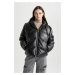 DEFACTO Waterproof Hooded Faux Leather Puffer Jacket