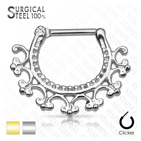 Septum piercing z chirurgickej ocele - kruhový segment s ornamentmi, zaklikávacie zapínanie - Fa