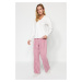 Trendyol White Striped Fleece Tshirt-Pants Knitted Pajamas Set