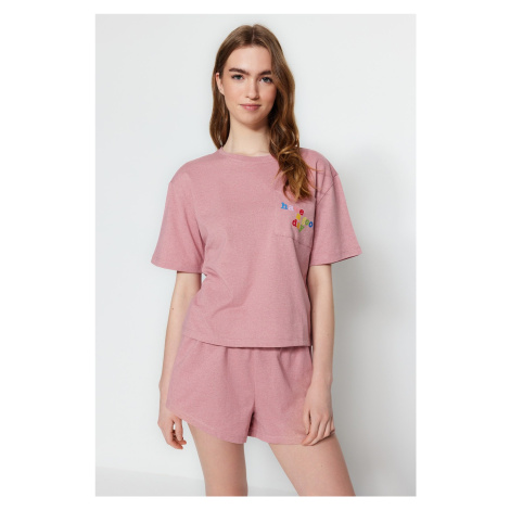 Trendyol Pink Cotton Slogan Printed T-shirt-Shorts Knitted Pajama Set