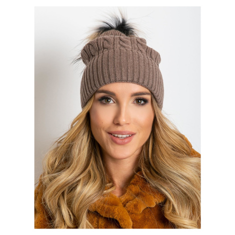 Dark beige hat with fur pompom