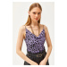 Olalook Women's Leopard Lilac Degajee Collar Rope Strappy Blouse