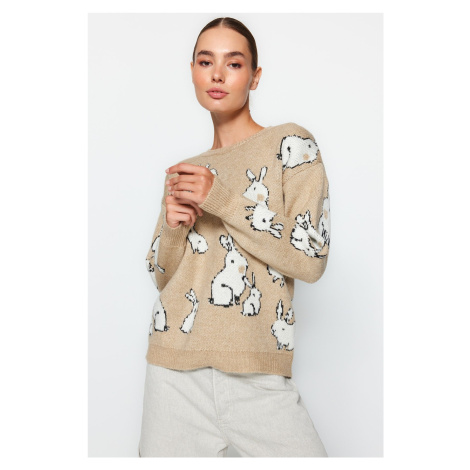 Trendyol Camel vzorovaný pletený sveter s mäkkou textúrou
