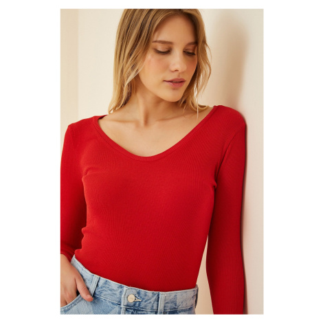 Happiness İstanbul Women's Red V-Neck Ribbed Lycra Knitted Blouse