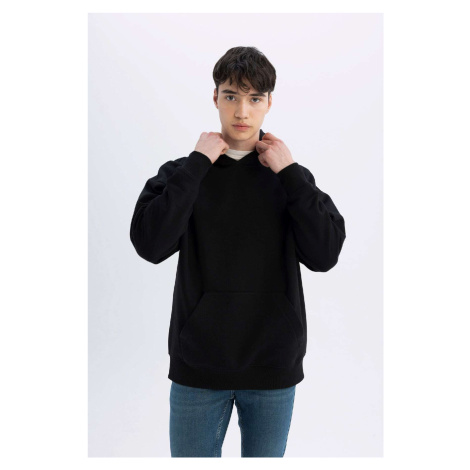 DEFACTO Black Oversize Wide Pattern Hooded Kangaroo Pocket Basic Plain Sweatshirt