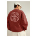 Trendyol Brick Oversize/Wide Cut Floral Embroidered Polar Fleece Inside Cotton Sweatshirt