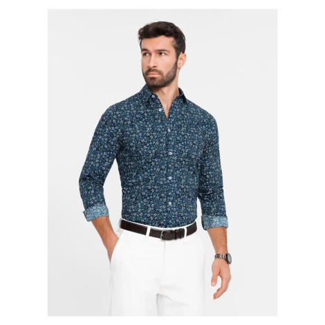 Ombre Men's SLIM FIT patterned cotton shirt - dark blue