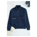 Trendyol Indigo Oversize / Wide Cut Text Embroidered Sweatshirt with Fleece Inside Stand Collar 