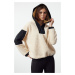 Trendyol Stone Color Block Zipper Detailed Plush Knitted Sports Sweatshirt