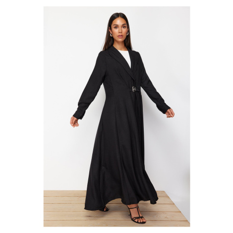 Trendyol Black Linen Look Woven Dress with Belt Detail on the Front