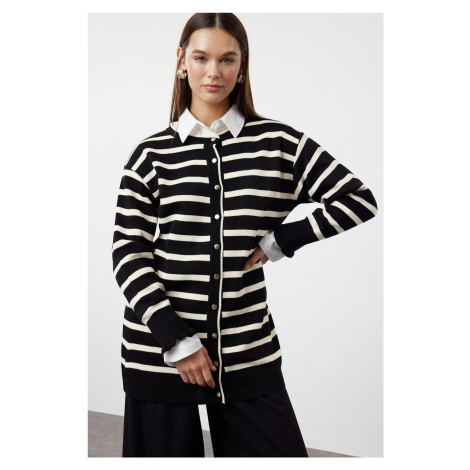 Trendyol Black Stone Striped Buttoned Front Knitwear Cardigan