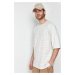 Trendyol Ecru Oversize/Wide-Fit Striped Label Short Sleeve Textured T-Shirt