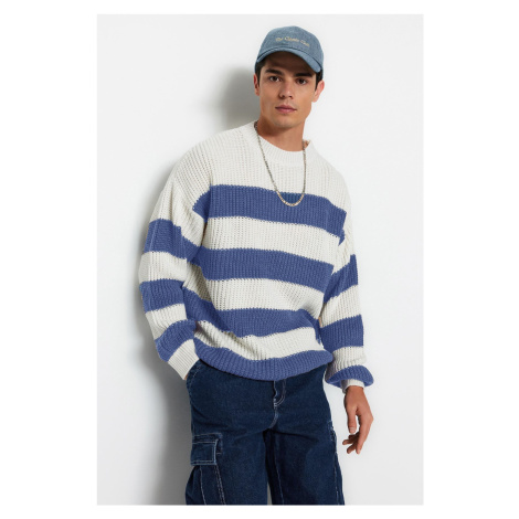 Trendyol Blue Oversize Crew Neck Striped Knitwear Sweater